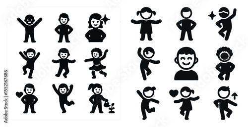 Children's activities silhouette icons set – playful, solid, fun and creative symbols