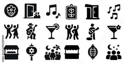 Festival and celebration solid icons set – filled, silhouette, party symbols