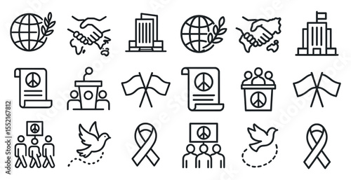 Peace and unity outline icons set – silhouette, linear, harmony and diplomacy symbols