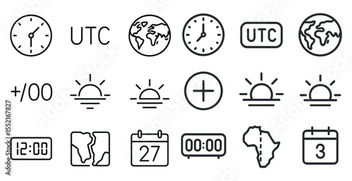Time zone line icons set – utc, international, clock and world time symbols
