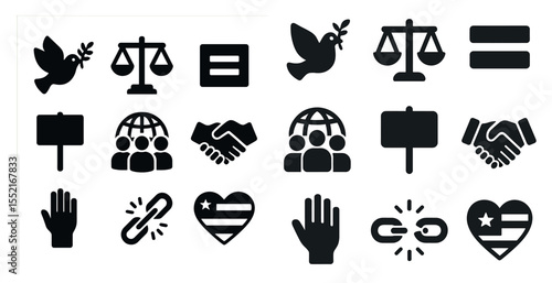 Peace and justice solid icons set – filled, equality, unity symbols