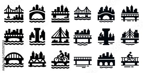 Bridge and city silhouette icons set – filled, solid, urban and infrastructure symbols