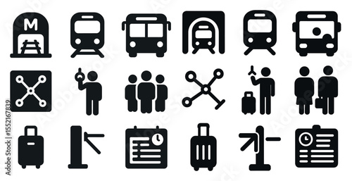 Transportation and commuter solid icons set – travel, transit, public transport graphics