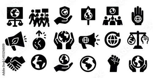 Environmental awareness solid icons set – filled, earth-friendly, sustainable symbols