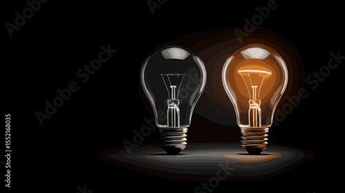 Two light bulbs contrasting: one off, one glowing in darkness  