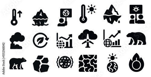 Climate change and environment solid icons set – filled, sustainability symbols
