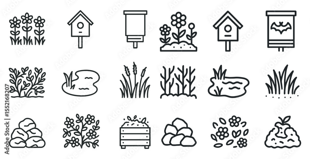 Naklejka premium Nature and garden outline icons set – linear, plants, landscaping symbols collection