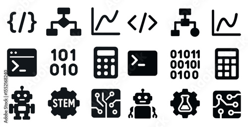 Technology and programming solid icons set – filled, coding, digital interface symbols