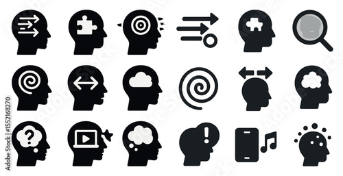 Psychology and mind solid icons set – flat, filled, brain and cognitive symbols