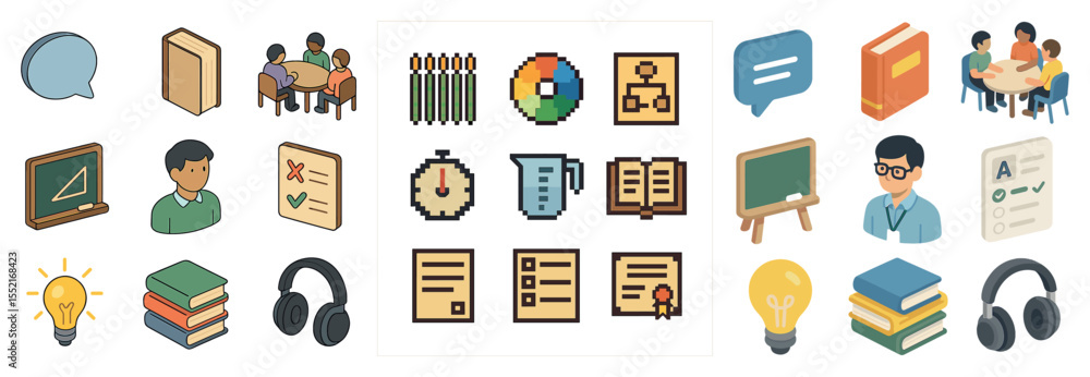 Fototapeta premium Education and learning icons set – isometric, pixel art, teaching and study symbols