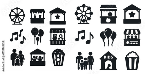 Carnival and amusement park icons set – silhouette style, festival and fun symbols