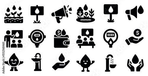Water conservation solid icons set – flat, filled, sustainability and eco-friendly symbols