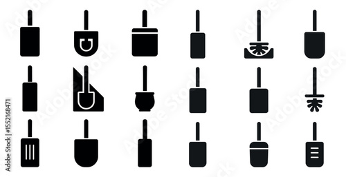 Cleaning tools silhouette icons set – broom, mop, housekeeping essentials