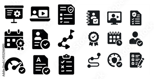 Business and task management icons set – silhouette, filled, workflow and planning tools