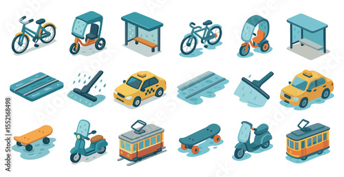 City transport isometric icons set – 3d, vehicles, urban mobility graphics