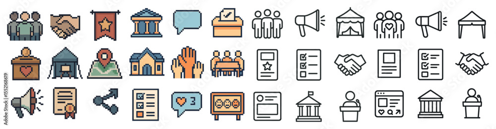 Business and community icons set – pixel art, linear, team and organization symbols Business and community icons set – pixel art, linear, team and organization symbols