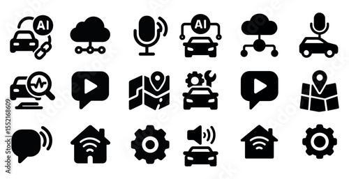 Artificial intelligence solid icons set – silhouette, filled, technology and automation graphics