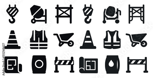 Construction and safety icons set – solid, filled, building and protection symbols