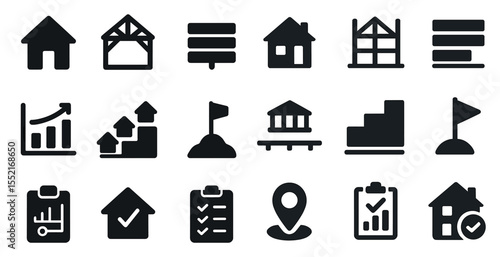 Real estate solid icons set – outline, filled, property and development symbols