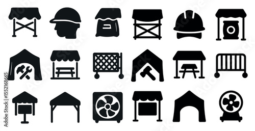 Construction and camping solid icons set – filled, building, outdoor symbols