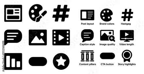 Social media engagement solid icons set – filled, communication, digital marketing tools
