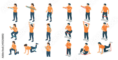 Fitness and exercise isometric icons set – workout, gym, health symbols