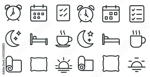 Sleep and relaxation line icons set – outline, bedtime, dream-related designs