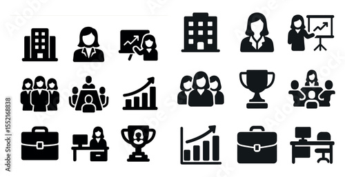 Business development solid icons set – professional, flat and corporate symbols
