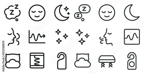 Sleep and relaxation line icons set – calm, tranquil, nighttime symbols