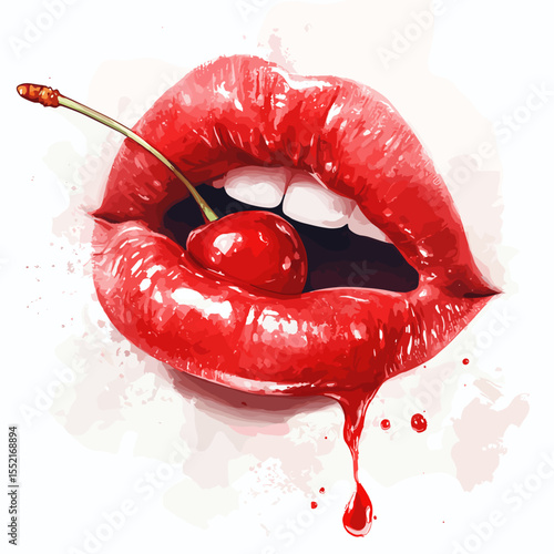 Red lips with cherry on cocktail stick and dripping juice  