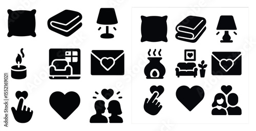 Home decor and love icons set – solid, filled, romantic and cozy symbols