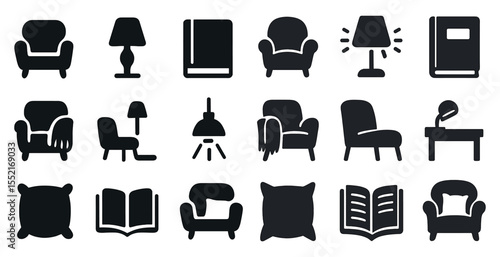 Furniture and home decor solid icons set – silhouette, interior, household items