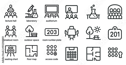 Education and learning icons set – outline, linear, classroom and school symbols