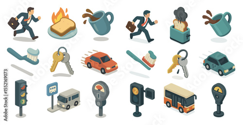 Isometric daily life icons set – 3d, routine, everyday lifestyle symbols