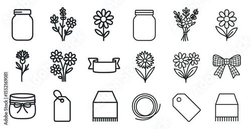 Gardening outline icons set – linear, silhouette, outdoor and botany symbols