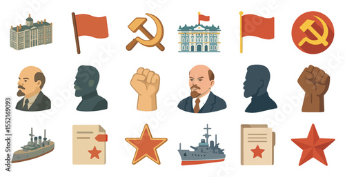 Communist russia flat icons set – silhouette, filled, soviet and revolution symbols