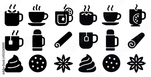 Hot beverage silhouette icons set – coffee, tea, drink symbols collection