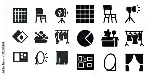 Fashion and shopping solid icons set – filled, garment, retail design elements