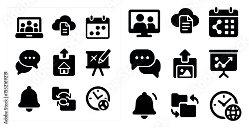Business communication solid icons set – filled, flat, office and workflow tools