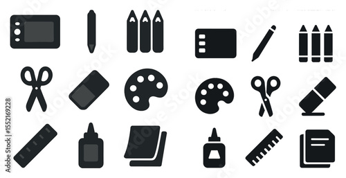 Art and design tools solid icons set – flat, filled, drawing and creativity symbols