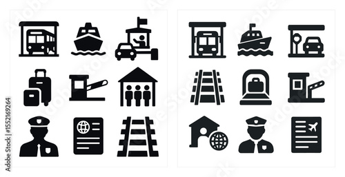 Transportation and travel symbols: solid icons set for logistics and transit design