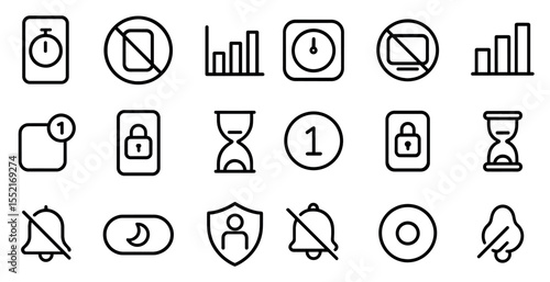 Timer and countdown line icons set – outline, linear, time management symbols