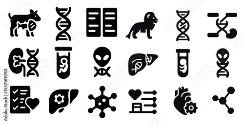 Genetic research silhouette icons set – science, biology, dna symbols