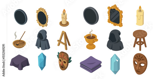 Mystic and occult icons set – isometric, magic, spiritual symbols collection