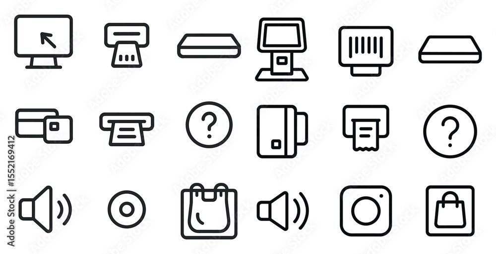Technology and retail icons set – outline, linear, digital shopping symbols Technology and retail icons set – outline, linear, digital shopping symbols