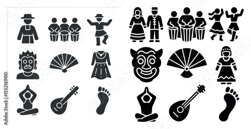 Cultural dance and music icons set – filled, silhouette, traditional festival symbols