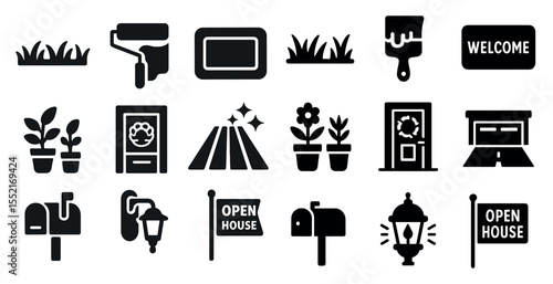 Home and garden solid icons set – filled, flat, outdoor and entrance symbols