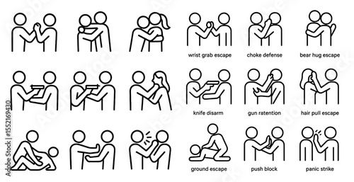 Self defense line icons set – outline, martial arts, personal safety symbols