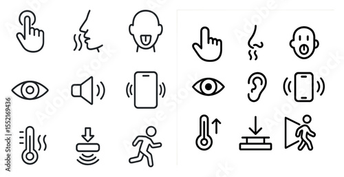 Human senses outline icons set – linear, vector, sensory and perception symbols