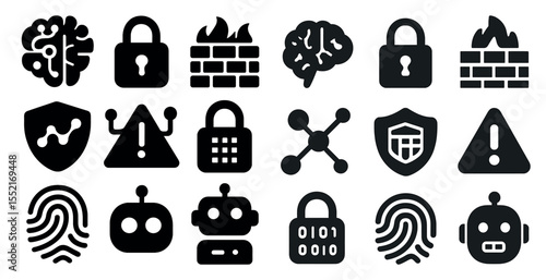 Cybersecurity and technology solid icons set – filled, secure, tech protection symbols